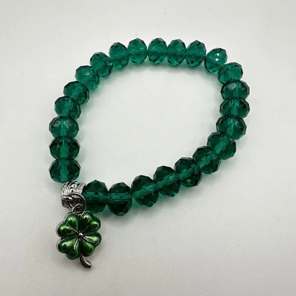 SALE! Green faceted glass‎ crystal beaded stretch bracelet with shamrock charm!